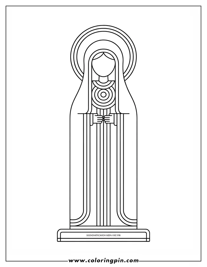 Line art of the Virgin Mary, with a halo and long robe, holding her hands together.