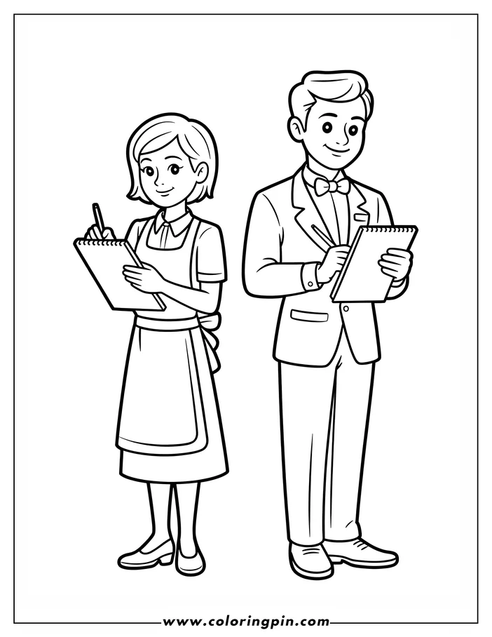 A waitress and waiter writing in their notepads.