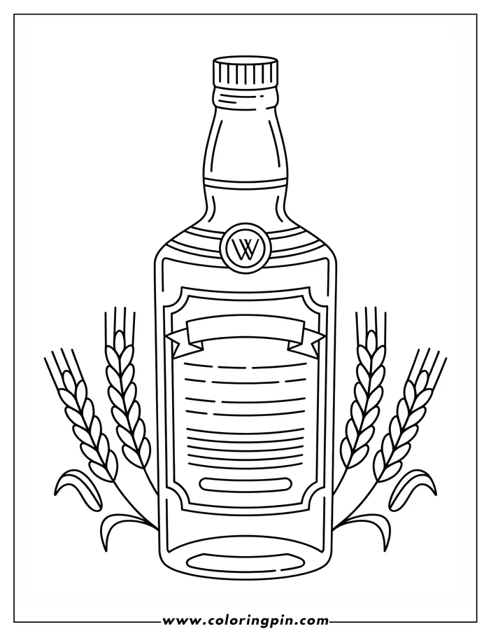 Line art of a whiskey bottle with a blank label area and two stalks of wheat.