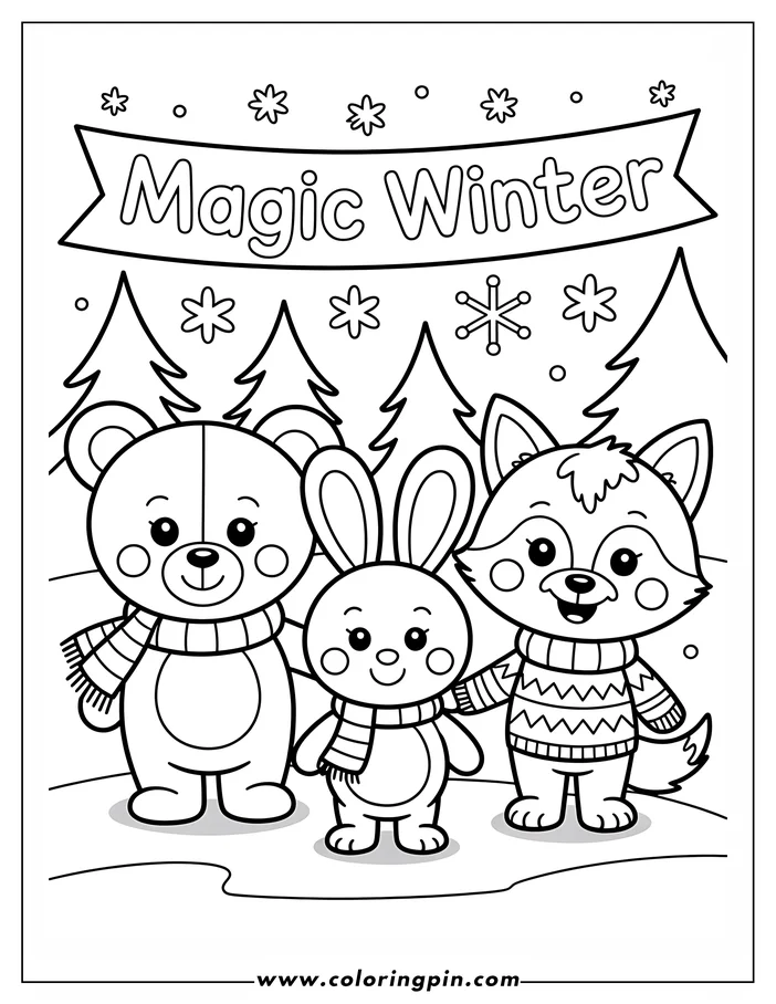 Line art of three animals - a bear, rabbit, and fox - dressed in winter clothing, including scarves and a sweater for the fox.  They stand in the snow in front of stylized evergreen trees, with snowflake details, ready for coloring.
