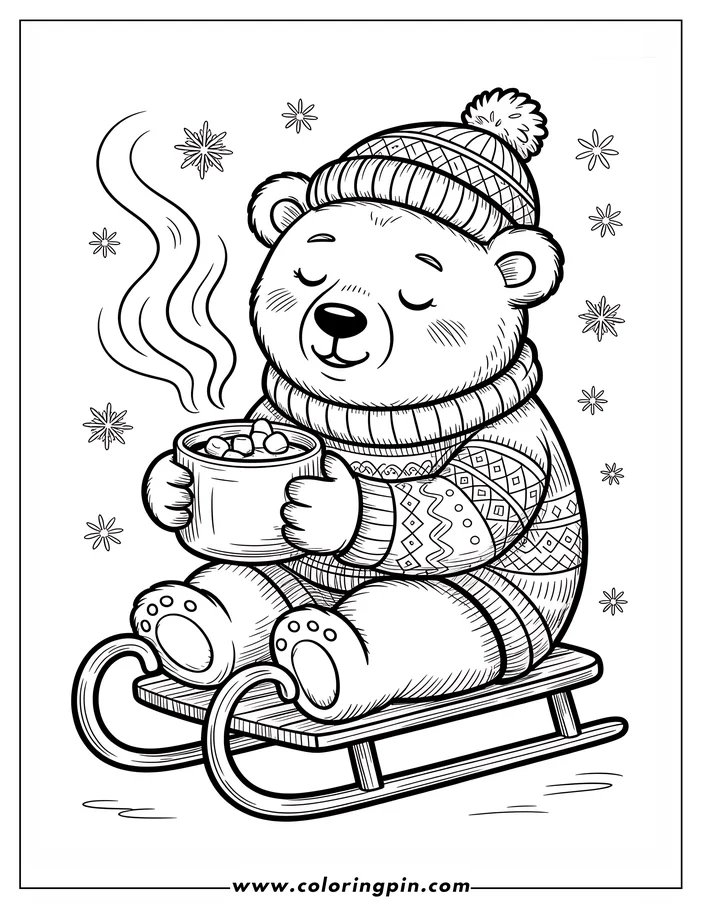 Line art of a bear in winter clothes, sitting on a sled and holding a steaming mug. Snowflakes fall around the bear in this cozy coloring page design.
