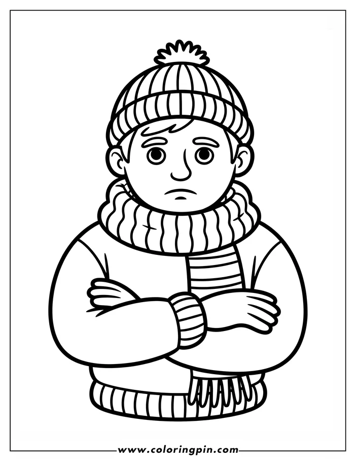 Simple line art drawing of a boy dressed for winter. He's wearing a knit hat, scarf, and sweater, with his arms crossed against the cold. This coloring sheet design is perfect for a winter-themed activity.