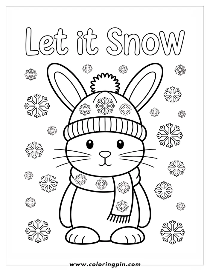 Simple line art of a bunny wearing a winter hat with a pompom and a snowflake-patterned scarf. Snowflakes fall around the bunny in this coloring sheet design.