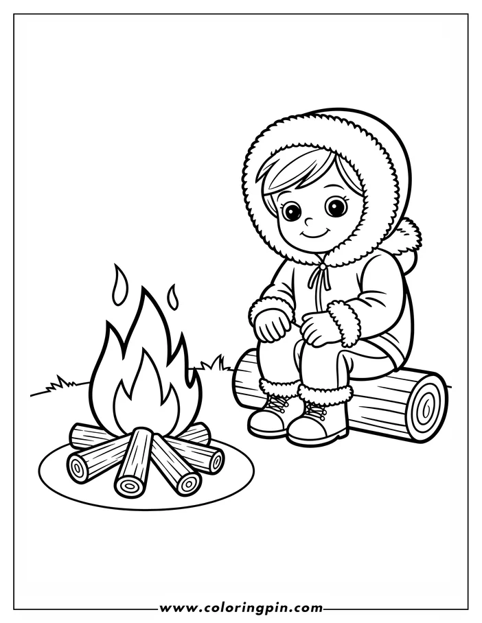 Line art of a child in winter clothing, including a hooded parka, mittens, and boots, sitting on a log near a warm campfire. This is a coloring page design.