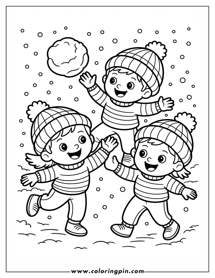 Line art of three children playing in the snow. They wear winter clothes, including hats and mittens, and one child throws a snowball. The scene is a coloring page design.