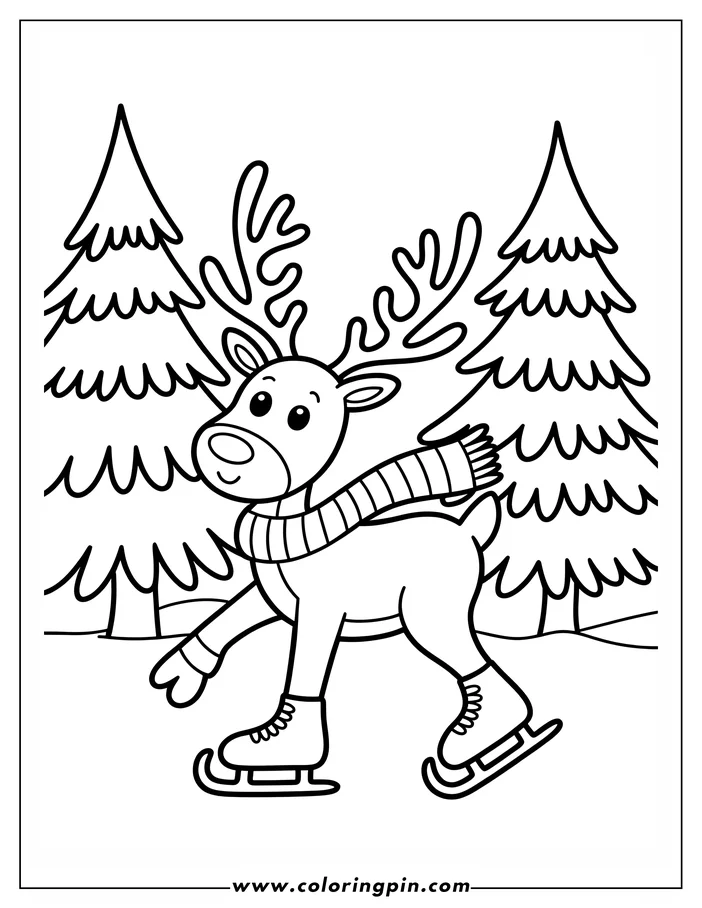 Line art of a deer wearing ice skates and a striped scarf, skating between two pine trees in a snowy winter scene, designed as a coloring page.