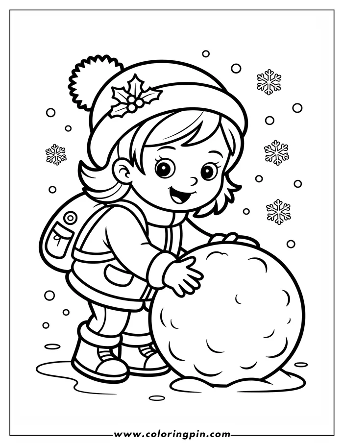Line art of a girl in winter clothing, including a hat with a holly decoration, making a snowball. Snowflakes fall around her in this coloring page design.