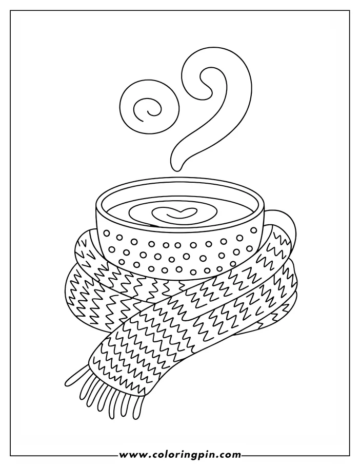 A simple line drawing of a mug wrapped in a knitted scarf. Steam curls from the hot liquid inside, and a heart shape is formed within the drink. This coloring sheet design evokes a cozy, wintery mood.