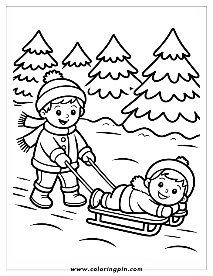 Line art of a winter scene depicts a child pulling another child on a sled through the snow.  They are surrounded by pine trees, creating a festive coloring sheet design.