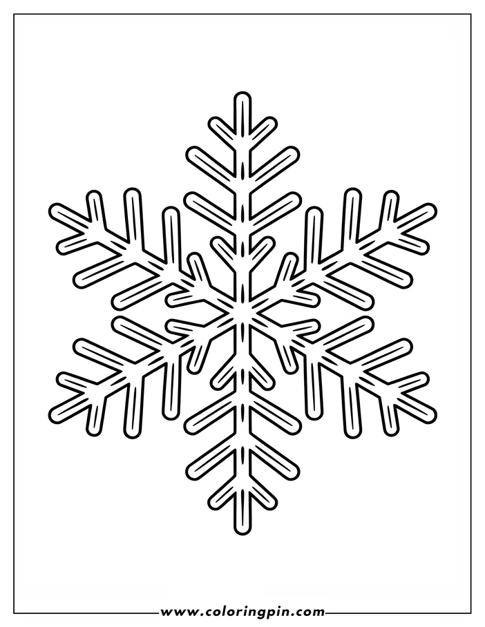 Intricate line art of a six-pointed snowflake, showcasing detailed, symmetrical patterns on each of its branches, ready for coloring. A perfect design for winter-themed projects.