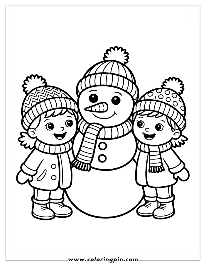 Line art of a snowman with two children, all dressed in winter clothes. The snowman wears a hat and scarf, and the children have different patterned hats. A fun coloring sheet design for winter.