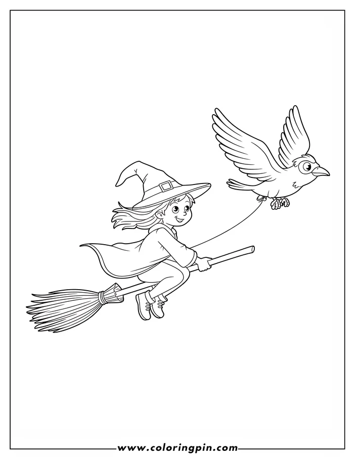 Outline of a witch flying on a broomstick with a bird on a string