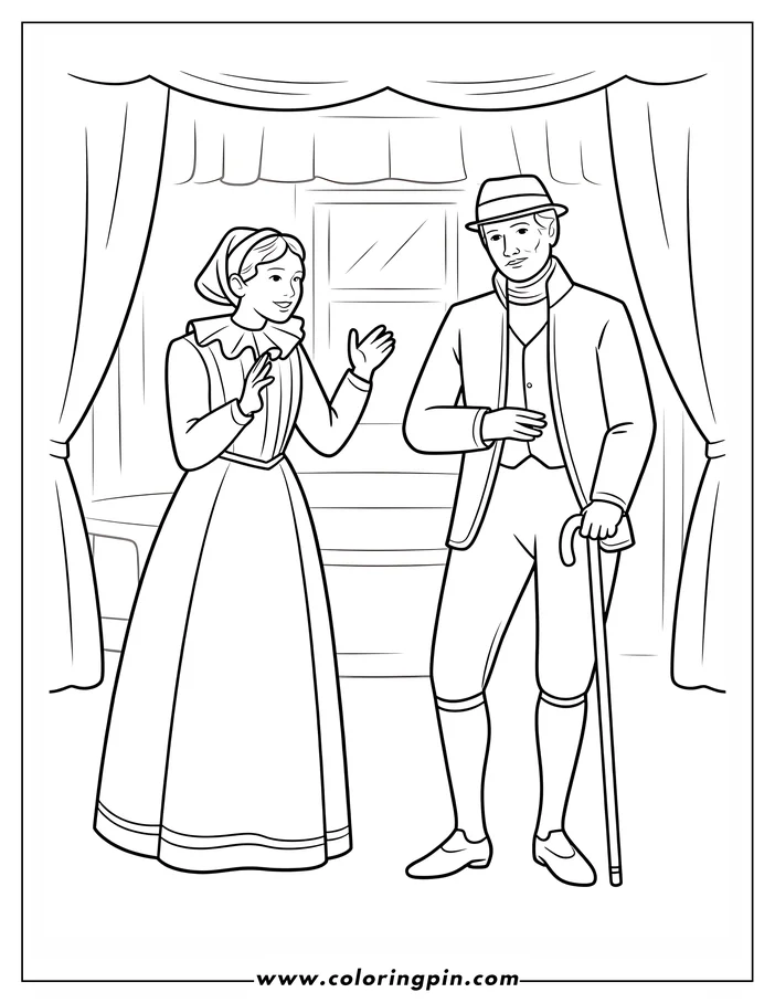 Line art of a woman and man in period clothing talking. The woman gestures while speaking, and the man holds a cane.