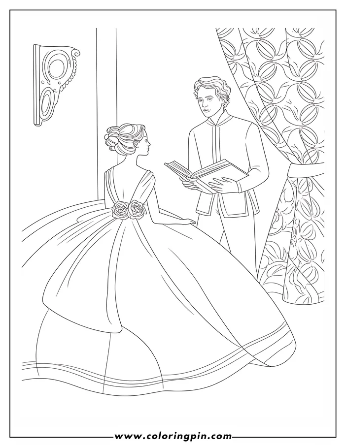 Line art of a woman in a gown and a man holding a book, possibly reading to her.