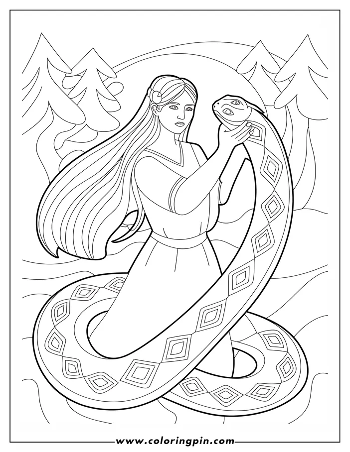 Line art of a woman holding a large, patterned snake in a forest setting.