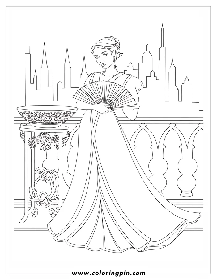Line art of a woman standing on a balcony holding a fan, with a decorative bowl and cityscape in the background.