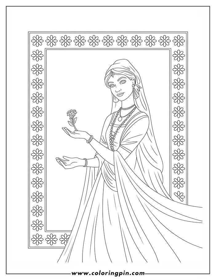 Line art of a woman in traditional clothing holding a small flower.  She wears a head covering, earrings, necklaces, bracelets and a long flowing dress.