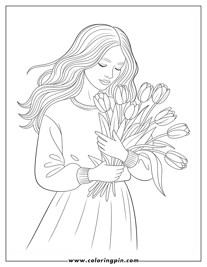 Woman holding tulips coloring page, a beautiful floral line art drawing for adults and teens. Free printable PDF.