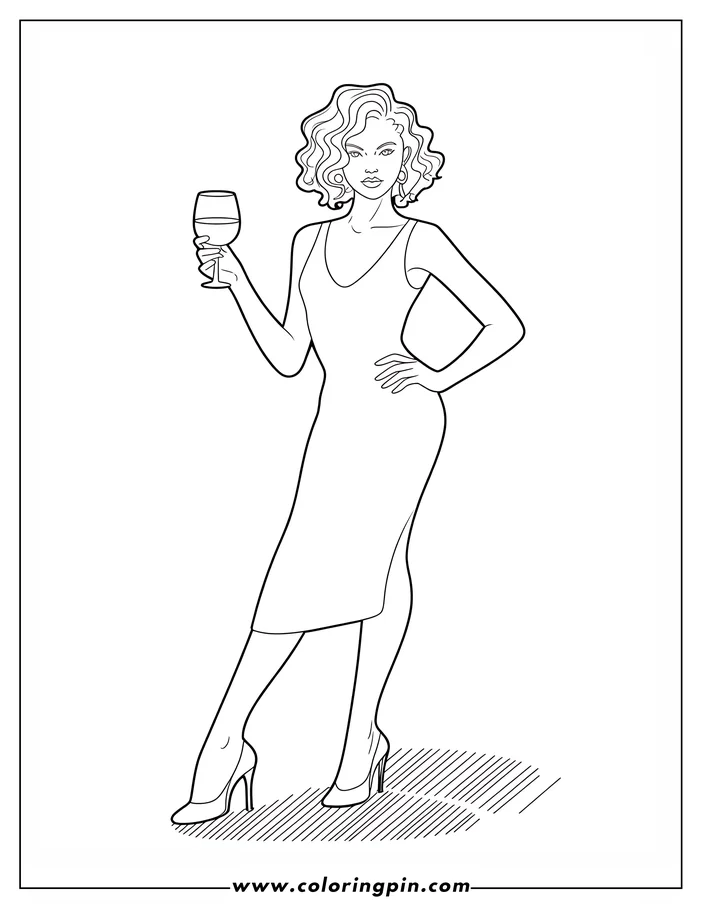Outline of a woman in a dress and high heels, holding a wineglass.