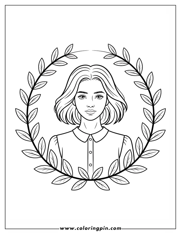 Line art of a woman framed by a circle of leaves. She wears a collared shirt.  Her hair ends near her shoulders.