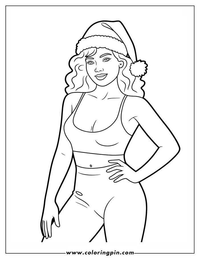 Line art of a woman wearing a Santa hat and workout clothing. She is posing with one hand on her hip.