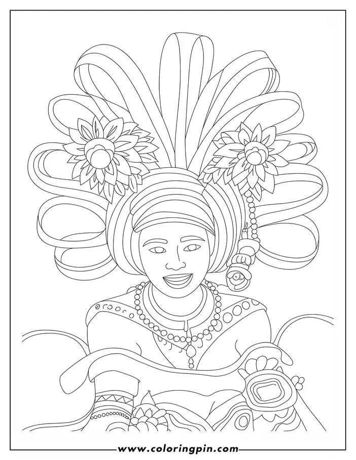 Line art of a woman wearing a traditional headdress and clothing adorned with ribbons, flowers, beads, and intricate patterns.