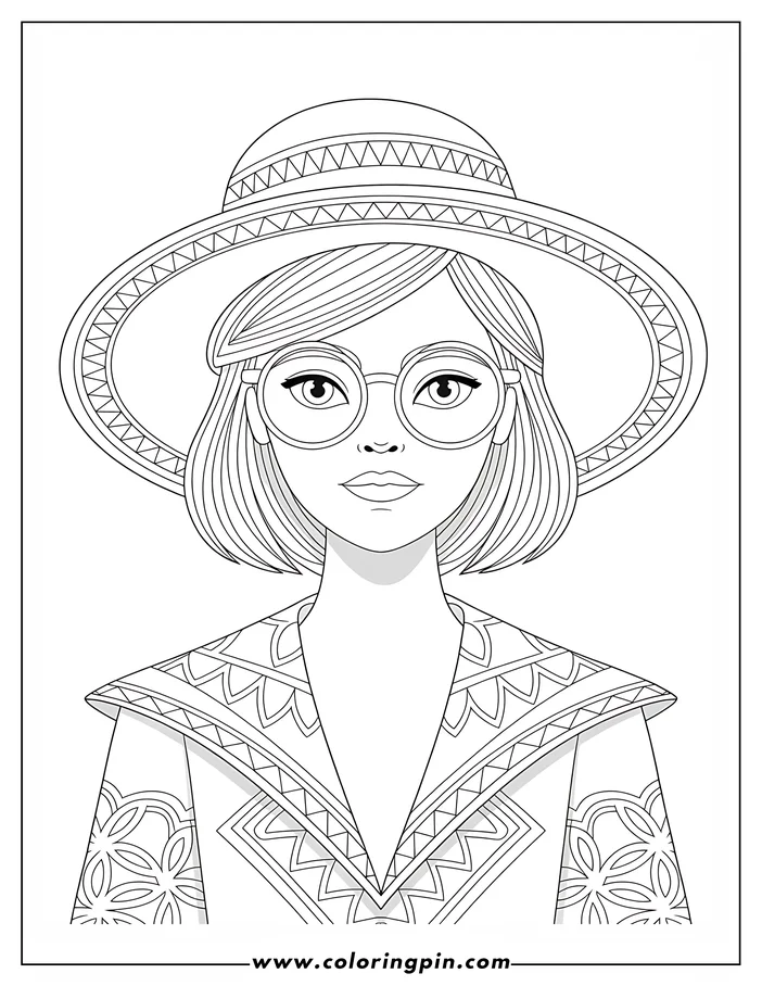 Line drawing of a woman with a wide-brimmed hat, round eyeglasses, and a patterned jacket. Her hair is styled in a short bob.