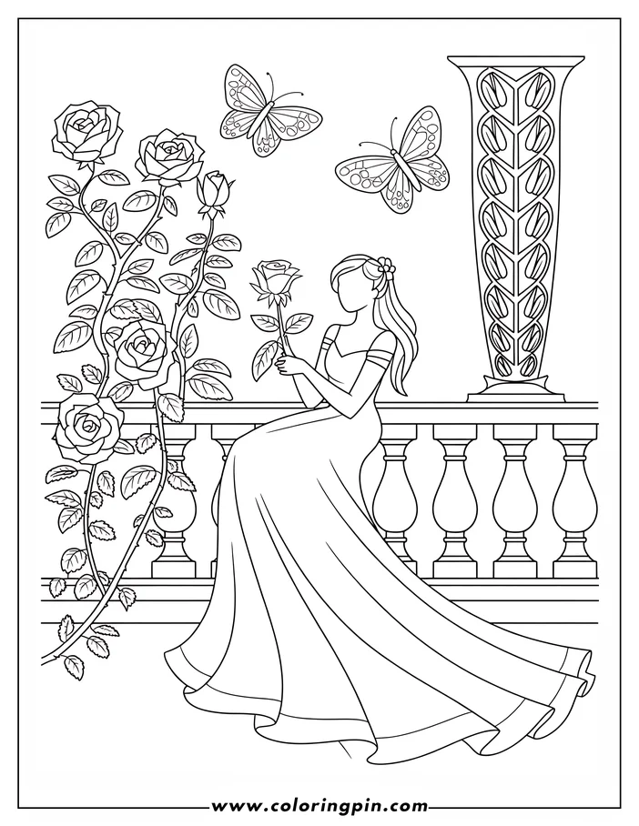 Line art of a woman sitting on a balcony with a rose, surrounded by rose bushes and butterflies, with a decorative urn.