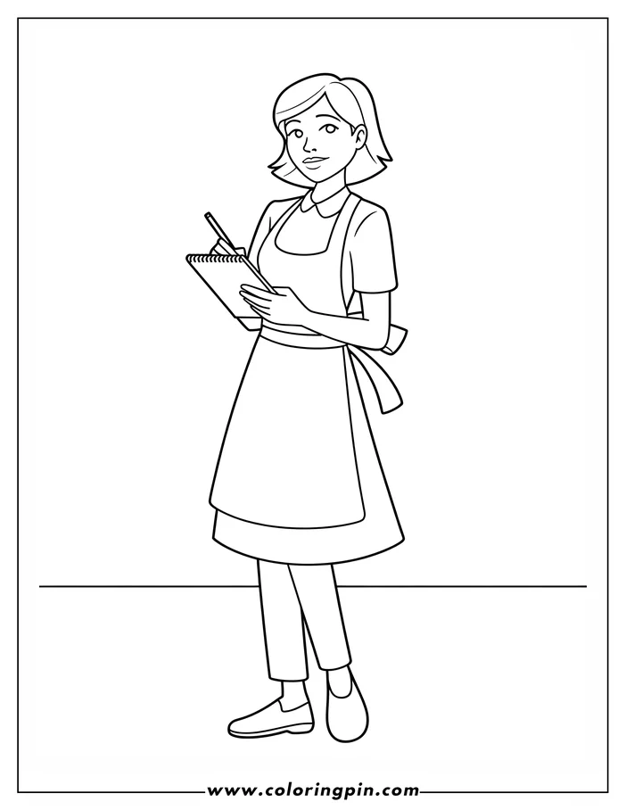Line drawing of a woman writing in a notepad. She's wearing an apron, and her hair is styled in a bob.