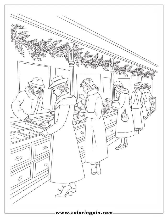 Line art of women shopping at a holiday market decorated with evergreen boughs. They are dressed in winter coats and hats.