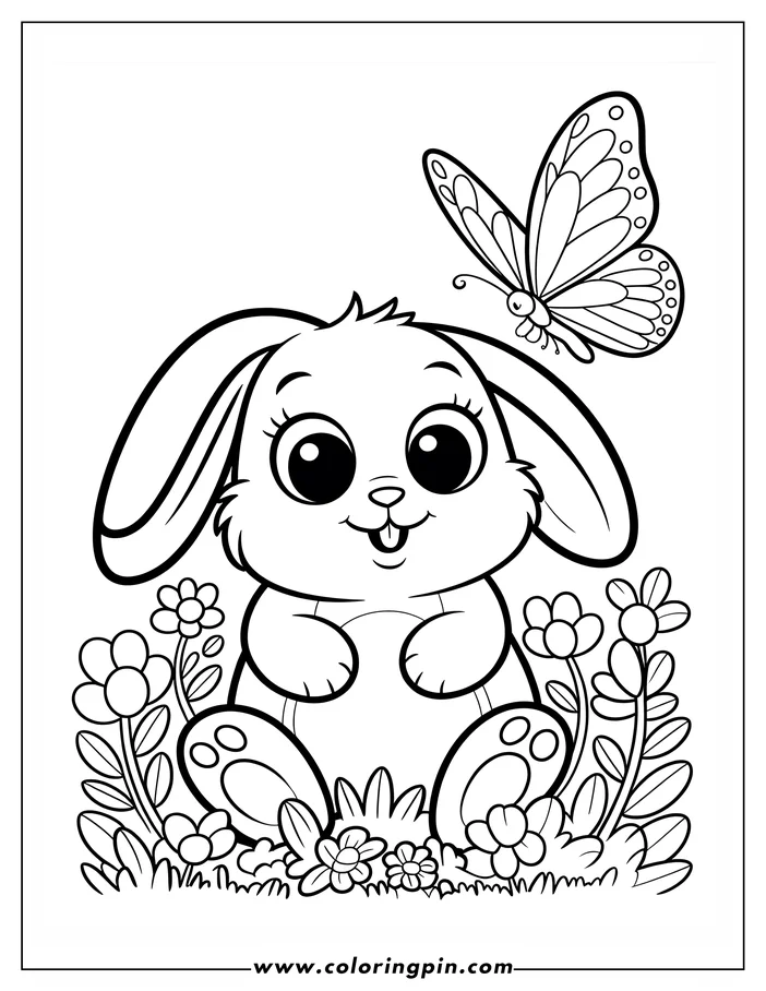 Simple, whimsical line art of a cartoon bunny sitting in a field of flowers, with a butterfly hovering nearby.  The bunny has large, friendly eyes. This is a coloring sheet design.