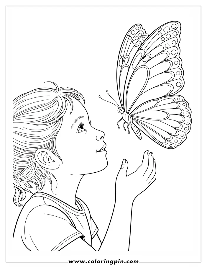 Line art of a young girl looking up at a large butterfly with outstretched hands, a simple coloring sheet design.