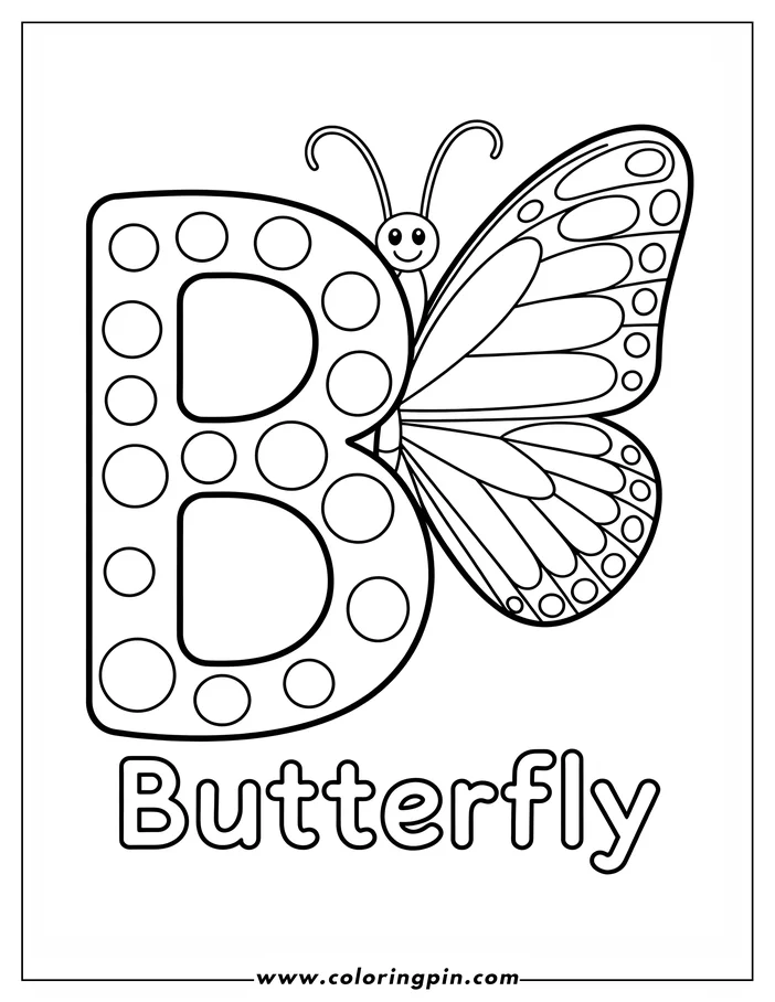 Simple coloring page design featuring a butterfly with patterned wings next to the letter 'B', decorated with circles.