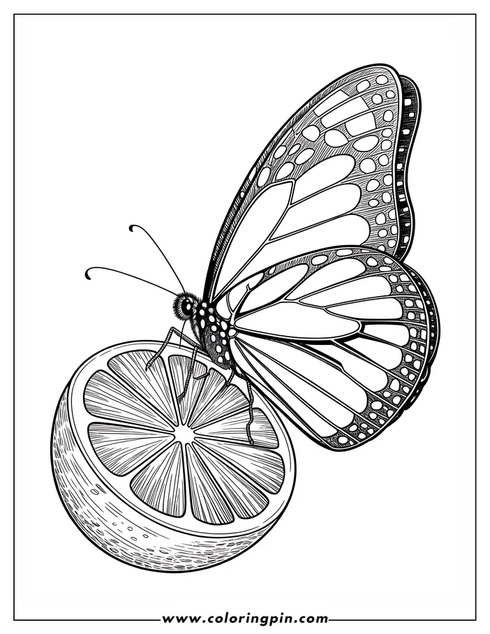 Intricate line art of a butterfly perched on a citrus slice, ready for coloring. The butterfly's wings feature detailed patterns and veining, while the citrus slice displays distinct segments and rind.