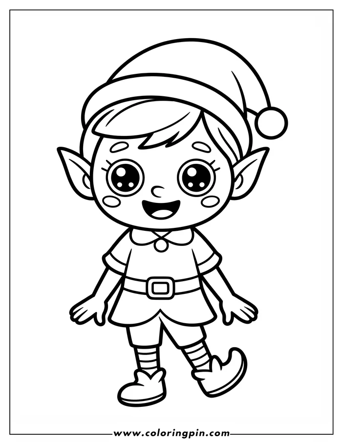 Simple line art of a Christmas elf, wearing a hat and smiling, ready to be colored in. This coloring sheet design is perfect for holiday crafts.