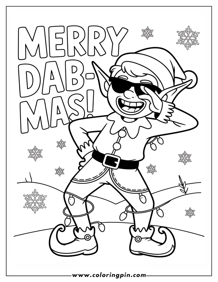 Line art of a Christmas elf dabbing. He's wearing sunglasses and a traditional elf costume.  Snowflakes add a festive touch to the background. This is a coloring page design.