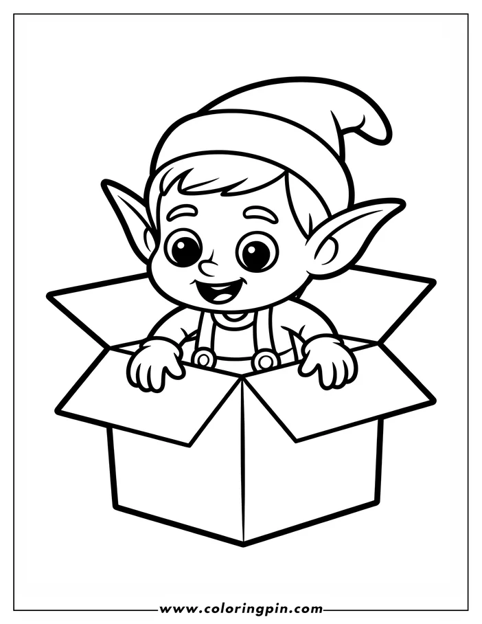 Line art of a cheerful Christmas elf popping out of a cardboard box. The elf is wearing a pointed hat and overalls. A fun coloring page design for the holidays.