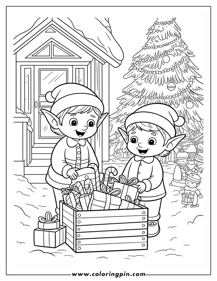 Line art of two Christmas elves organizing gifts and candy canes in a wooden crate near a decorated Christmas tree. Other elves play in the snow in the background by a snow-covered house, creating a festive coloring page scene.