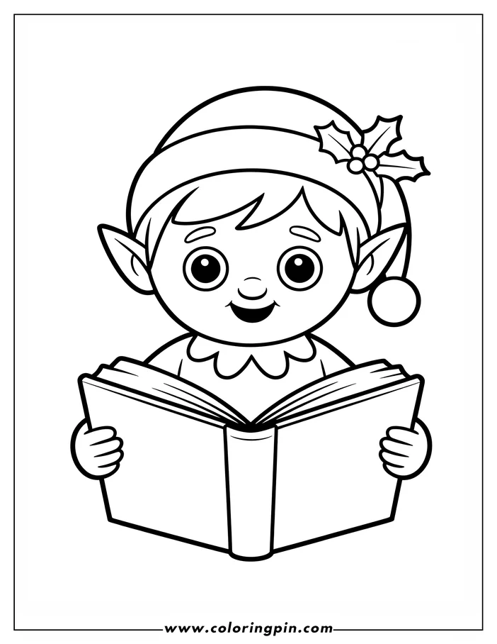 Outline of a Christmas elf reading a book. The elf wears a hat with holly.