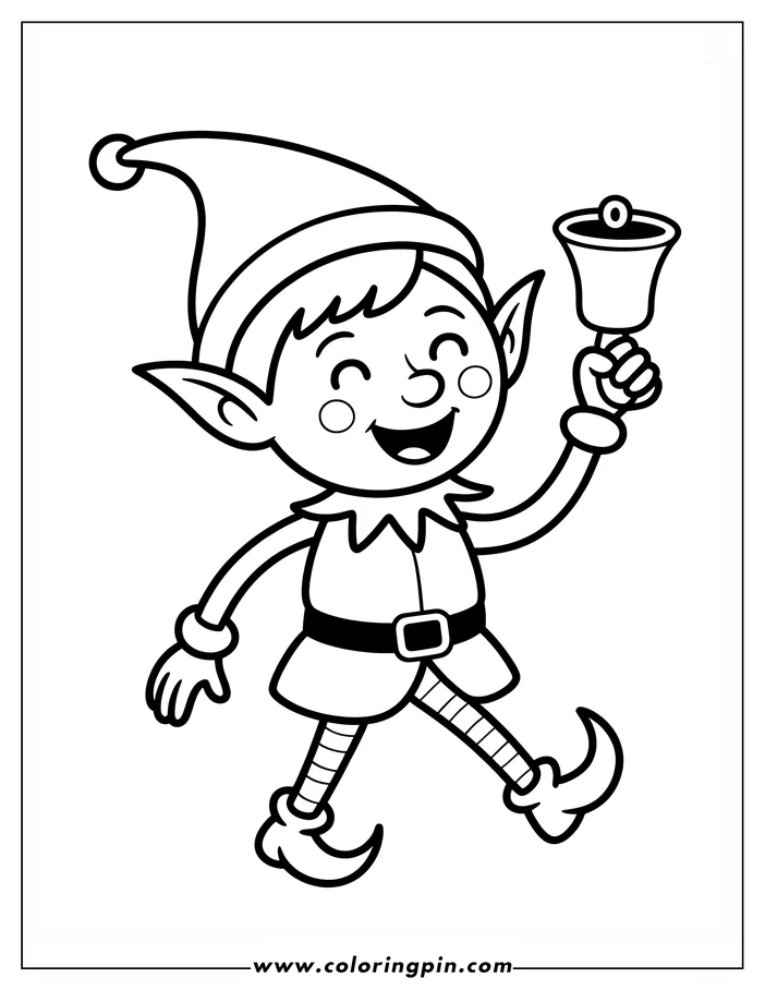 Line art of a Christmas elf, wearing a pointed hat and tunic, joyfully ringing a bell.  This cheerful character is depicted in a simple, outlined style, ready for coloring.