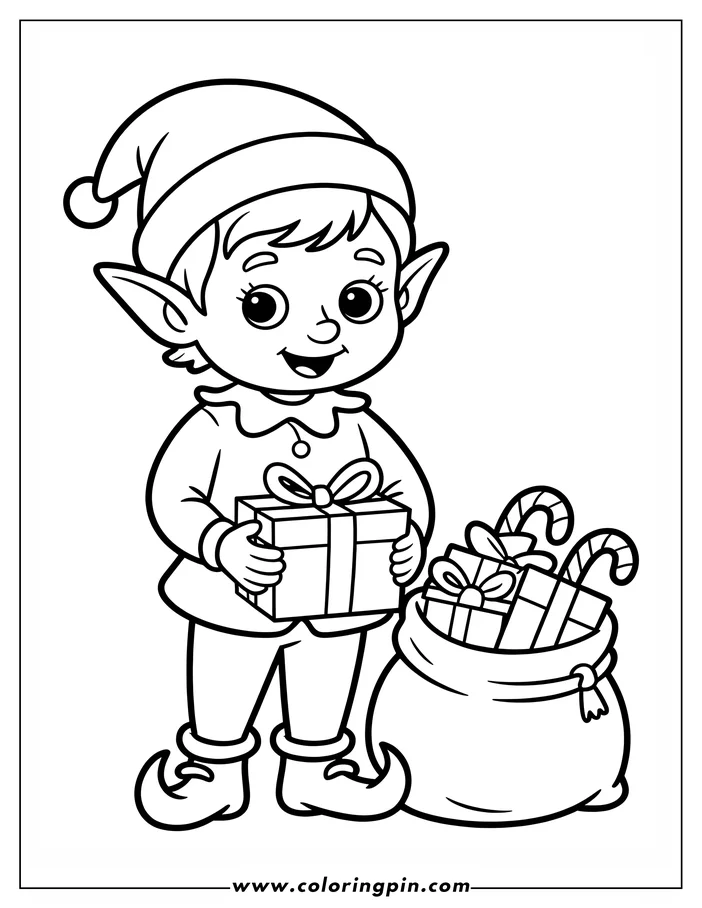 Line art of a Christmas elf holding a gift and standing beside a sack filled with presents and candy canes. This simple design is perfect for a festive coloring page.