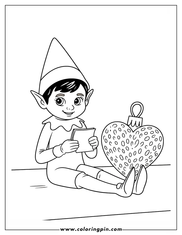 Line art of a Christmas elf sitting with a heart-shaped ornament, designed as a coloring page. The elf holds a small folded card and wears a pointed hat and a simple outfit. The ornament beside them is decorated with circles. Perfect for holiday coloring activities.
