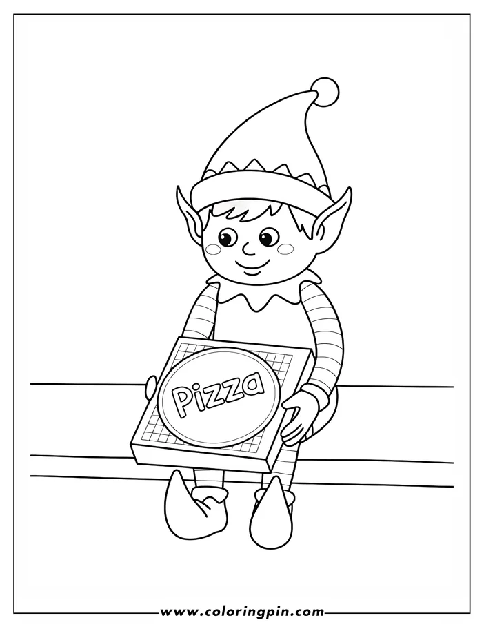 Line art of a Christmas elf sitting on a bench and holding a pizza box. The elf wears a classic pointy hat and striped shirt, and has a friendly expression. This simple, cheerful design is perfect for a festive coloring activity.