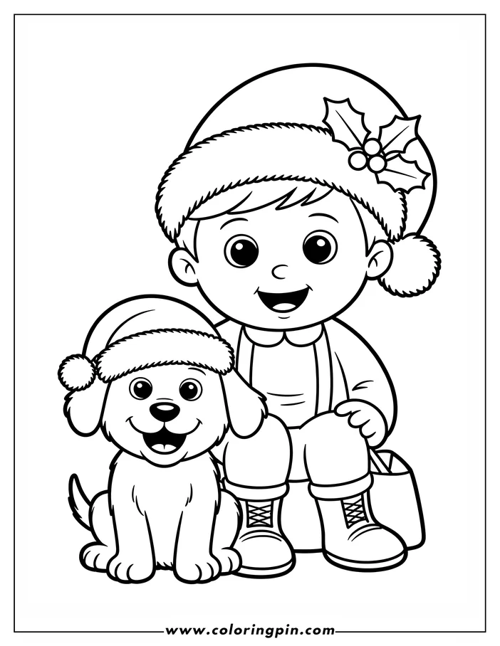 Line art of a Christmas elf and a puppy, both wearing Santa hats.  The elf sits with a bag beside him, while the puppy sits at his feet. A sprig of holly decorates the elf's hat.  This is a design for a coloring sheet.