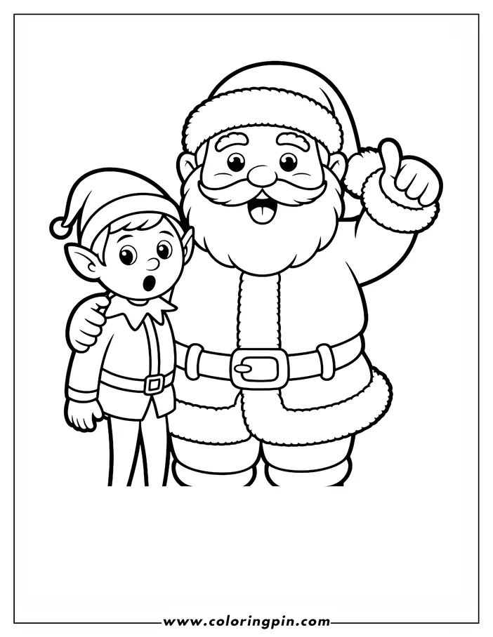 Line art of a Christmas Elf standing next to Santa Claus. The elf looks surprised, while Santa has his arm around the elf and is pointing. This is a coloring sheet design.