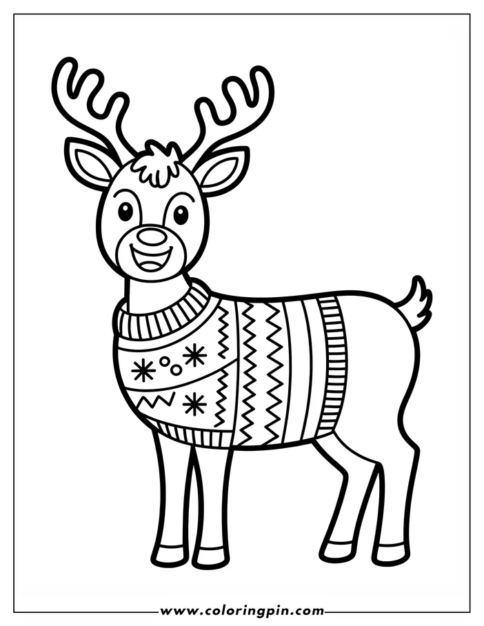 Line art of a Christmas reindeer wearing a festive sweater with snowflakes and zigzags. The reindeer has large antlers and a cheerful expression, perfect for a holiday coloring sheet.