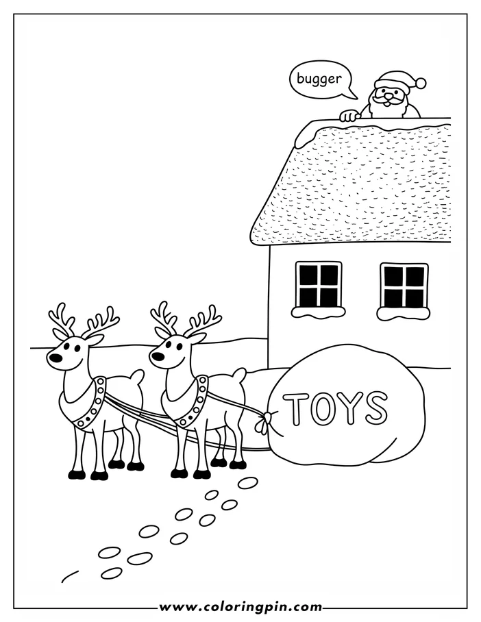 Line art of two Christmas reindeer pulling a sack marked "TOYS." Santa Claus looks on from a rooftop. This is a drawing designed for a coloring sheet.