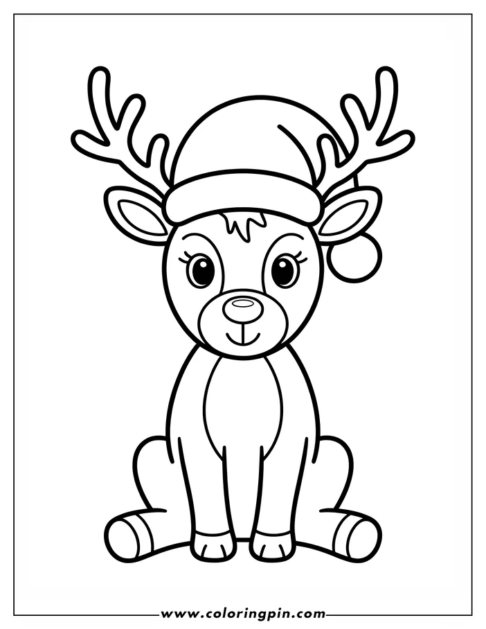 Line art of a Christmas reindeer wearing a Santa hat. The reindeer is sitting and has large, friendly eyes. It's a simple design suitable for a coloring sheet.