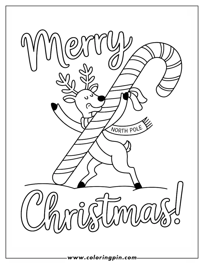 Line art of a Christmas reindeer holding a giant candy cane. The reindeer wears a scarf labeled 'NORTH POLE.' The words 'Merry Christmas' appear at the top and bottom. This design is intended as a coloring page.