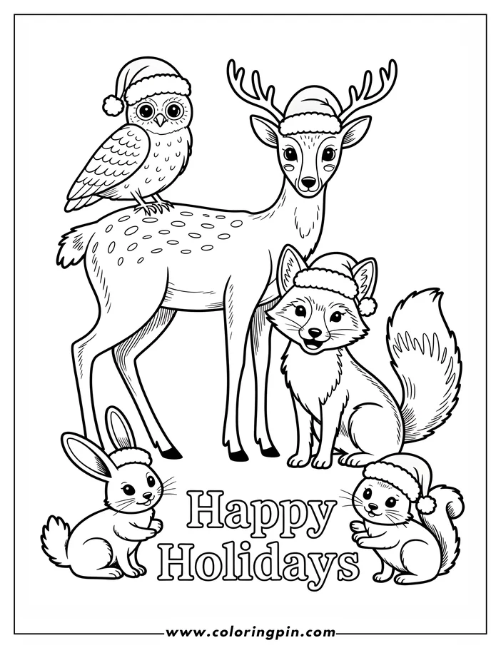 Line art of a Christmas reindeer, wearing a Santa hat, with an owl wearing a Santa hat, perched on its back. Two rabbits, also in Santa hats, sit near the reindeer's feet. A fox in a Santa hat sits at the reindeer's side. The words 'Happy Holidays' are printed below the scene. This coloring page is designed for printing and coloring.